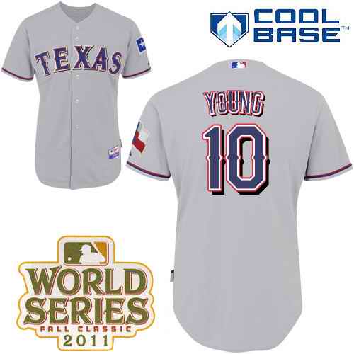 Rangers #10 Michael Young Grey Cool Base 2011 World Series Patch Stitched MLB Jersey