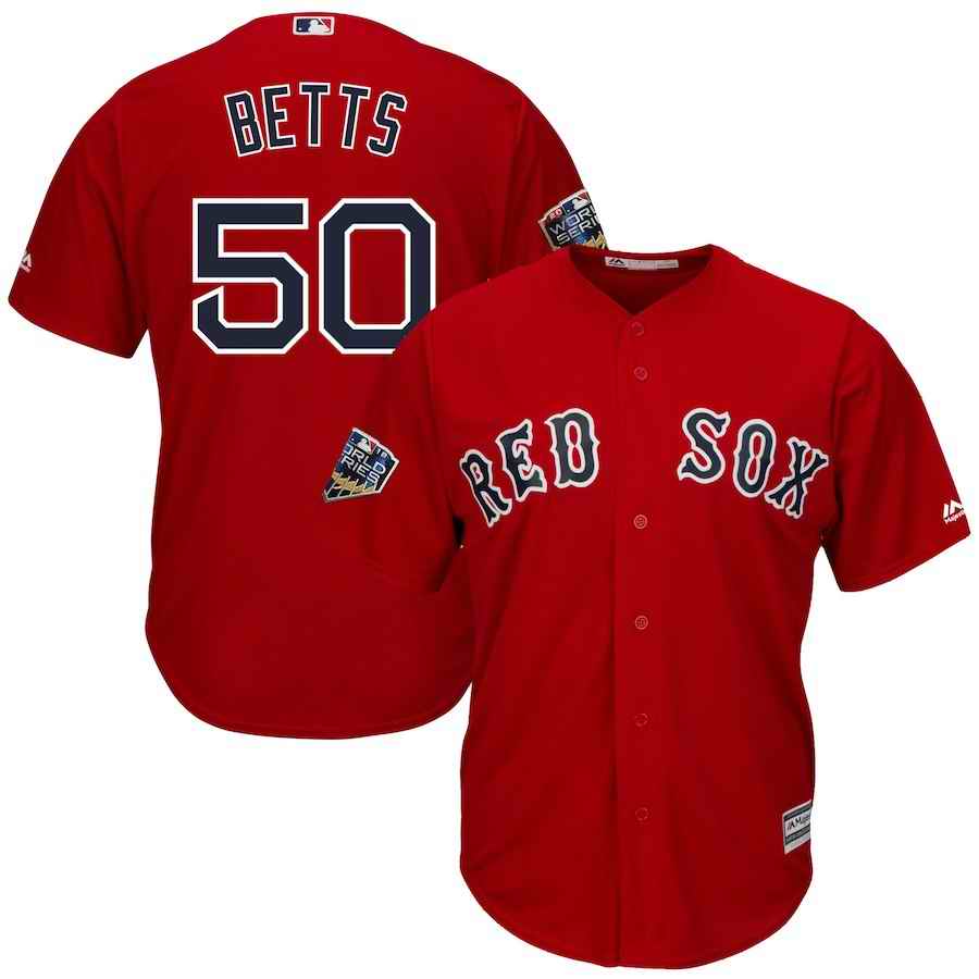 Men's Boston Red Sox #50 Mookie Betts Majestic Scarlet 2018 World Series Cool Base Stitched MLB Jersey