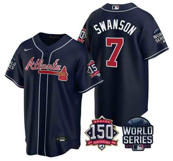 Men's Atlanta Braves #7 Dansby Swanson 2021 Navy World Series With 150th Anniversary Patch Cool Base Stitched Jersey