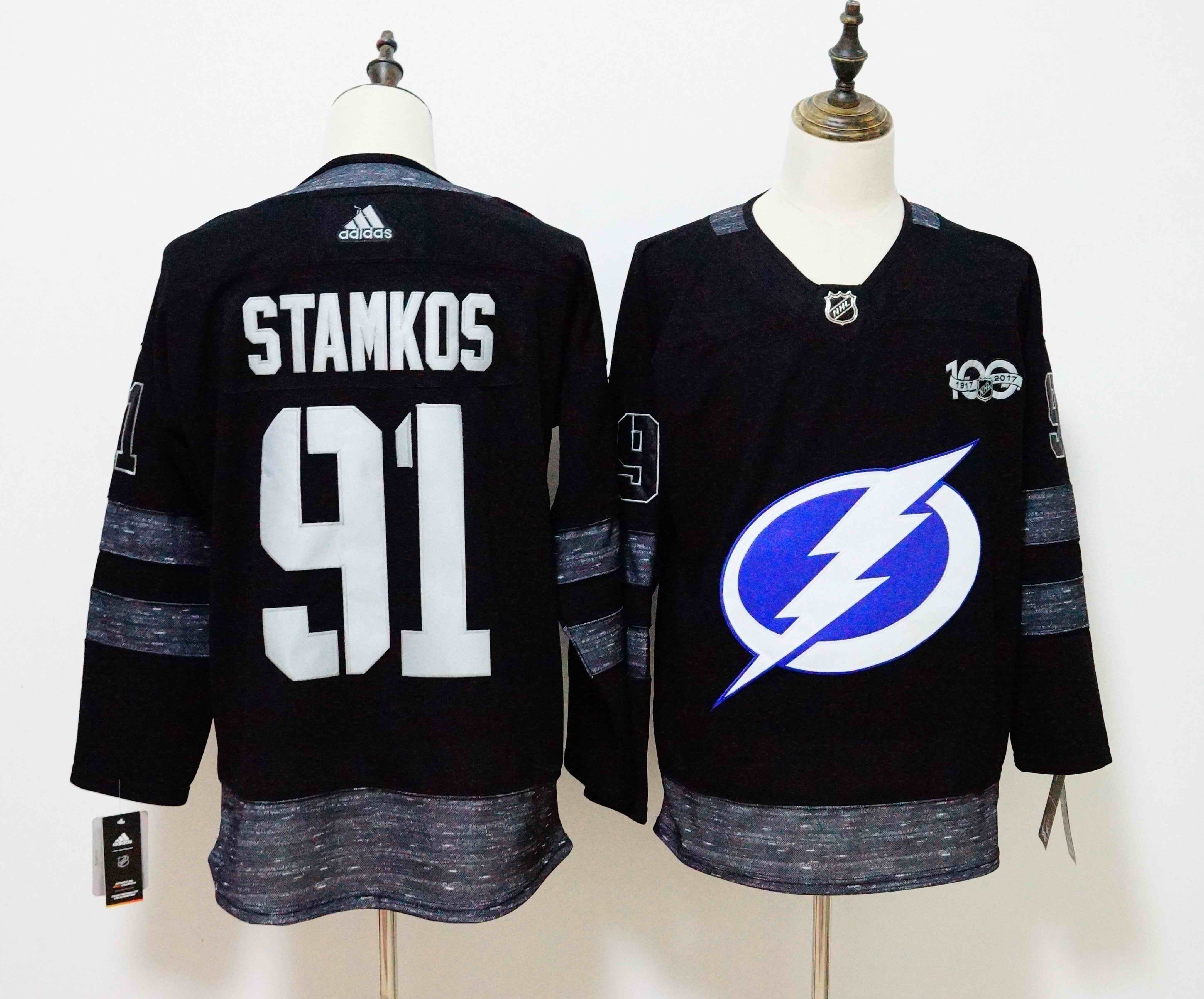 Men's Adidas Tampa Bay Lightning #91 Steven Stamkos Black 1917-2017 100th Anniversary Jersey