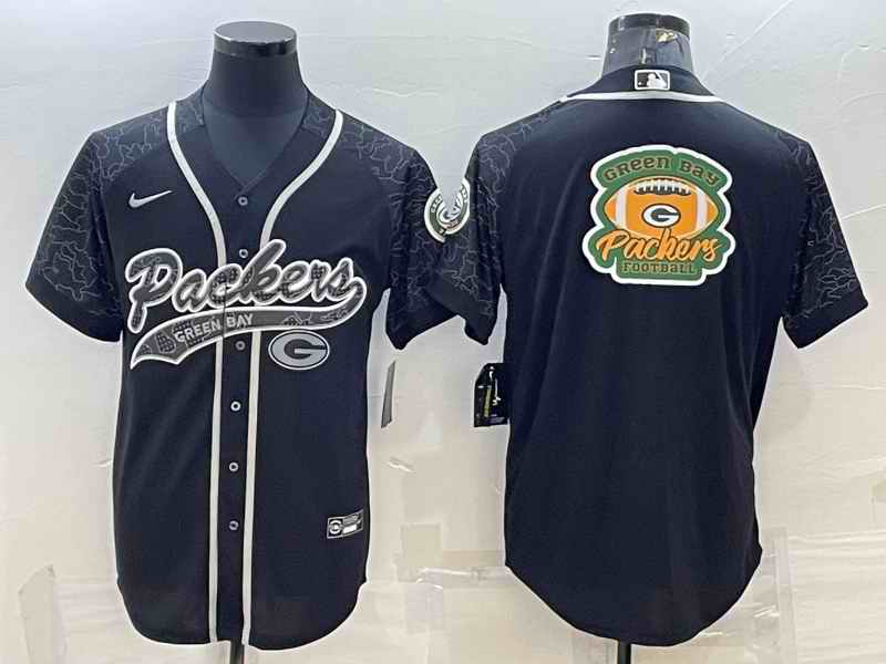 Men's Green Bay Packers Black Reflective Team Big Logo With Patch Cool Base Stitched Baseball Jersey