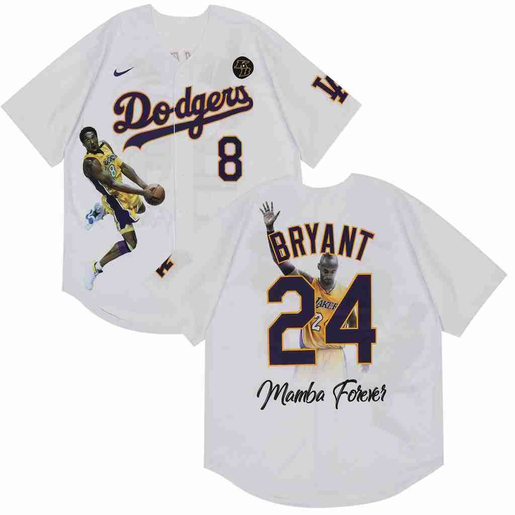 Men's Los Angeles Dodgers Front #8 Back #24 Kobe Bryant White With KB Patch Cool Base Stitched Jersey