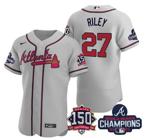 Men's Atlanta Braves #27 Austin Riley 2021 Grey World Series Champions With 150th Anniversary Flex Base Stitched Jersey