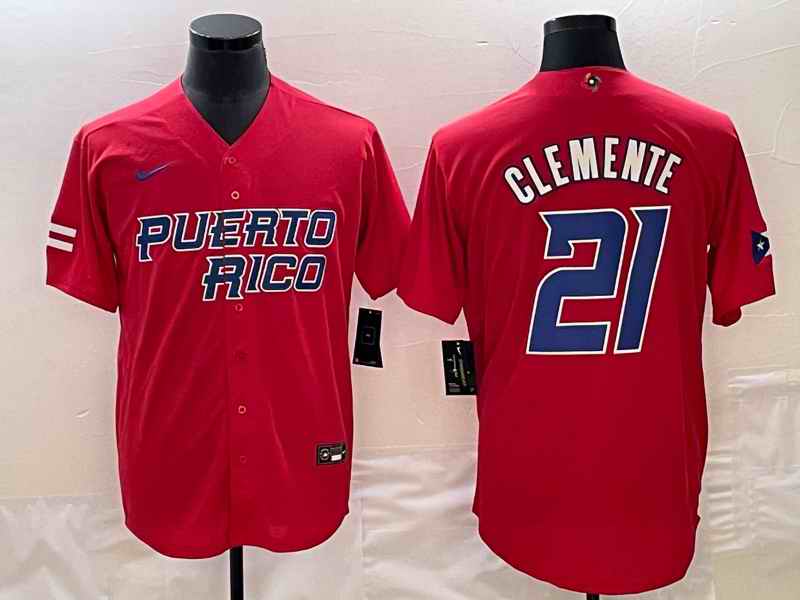 Men's Puerto Rico Baseball #21 Roberto Clemente 2023 Red World Baseball Classic Stitched Jersey