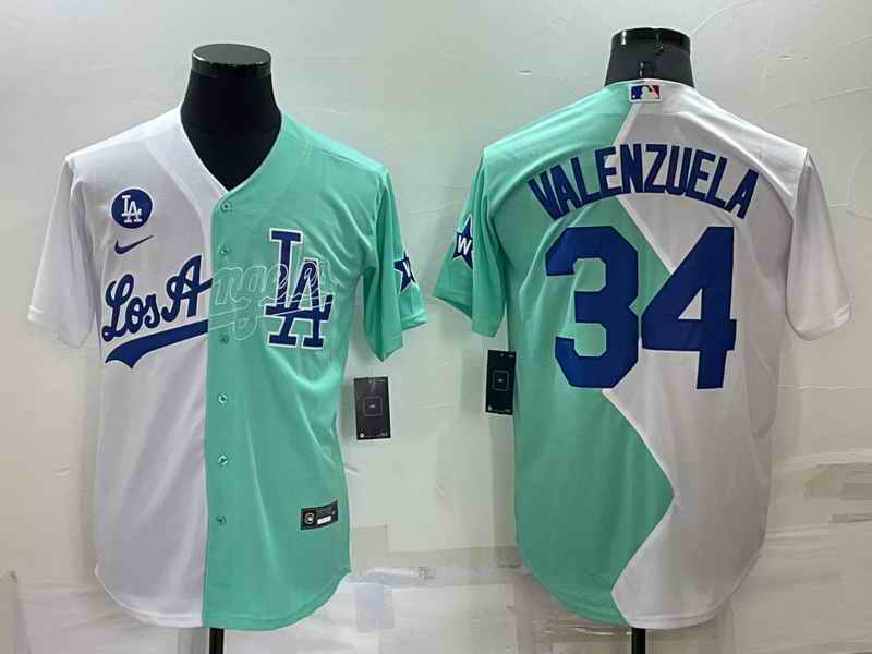 Men's Los Angeles Dodgers #34 Fernando Valenzuela 2022 All-Star White/Green Cool Base Stitched Baseball Jersey