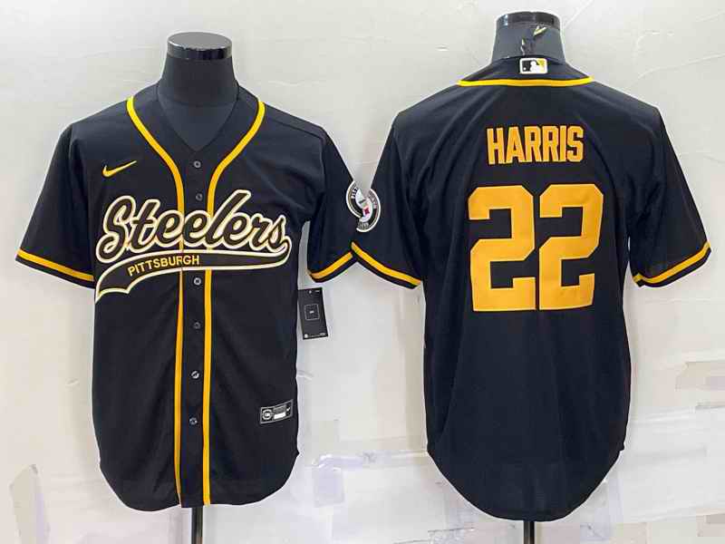 Men's Pittsburgh Steelers #22 Najee Harris Black Gold With Patch Cool Base Stitched Baseball Jersey