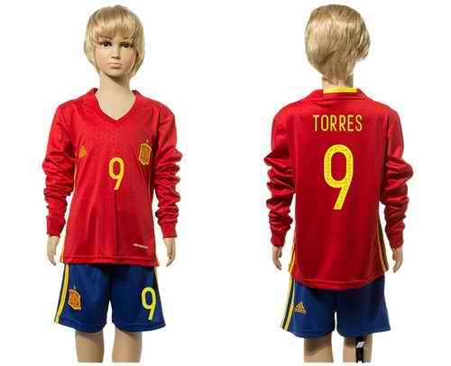 Spain #9 Torres Red Home Long Sleeves Kid Soccer Country Jersey