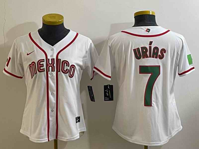 Women's Mexico Baseball #7 Julio Ur'as 2023 White World Baseball Classic Stitched Jersey(Run Small)