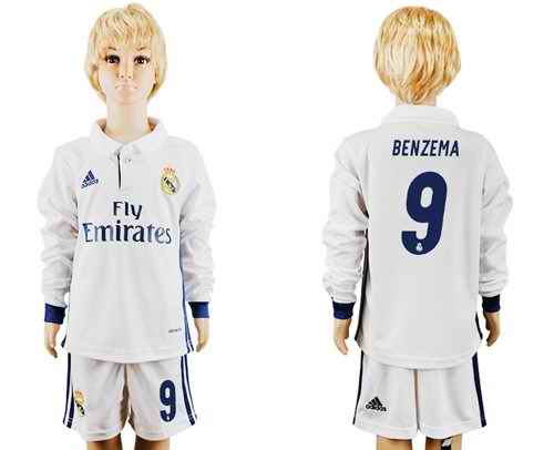 Real Madrid #9 Benzema Home Long Sleeves Kid Soccer Club Jersey