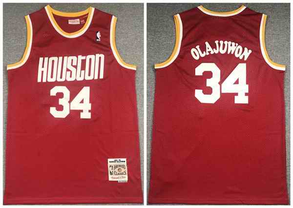 Men's Houston Rockets #34 Hakeem Olajuwon Red Throwback Stitched Jersey