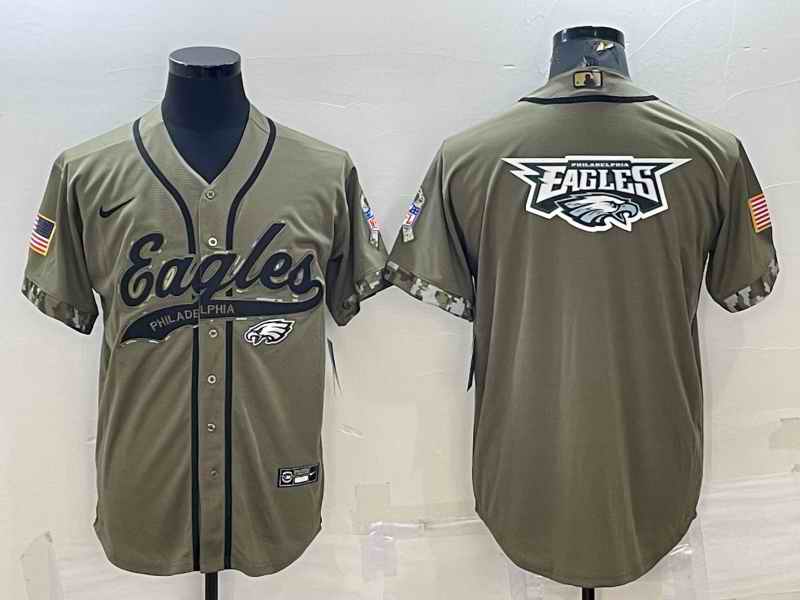 Men's Philadelphia Eagles Olive 2022 Salute To Service Team Big Logo Cool Base Stitched Baseball Jersey 001