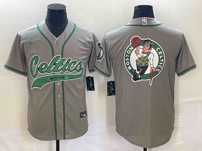 Men's Boston Celtics Gray Team Big Logo With Patch Stitched Baseball Jersey