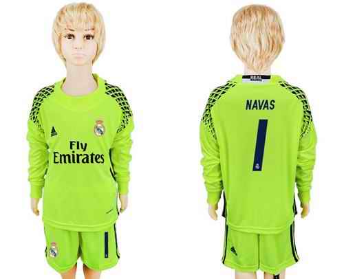 Paris Saint-Germain #1 Navas Shiny Green Goalkeeper Long Sleeves Kid Soccer Club Jersey
