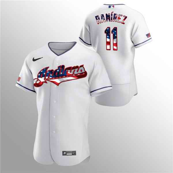 Men's Cleveland Indians #11 Jose Ramirez White 2020 Stars & Stripes Flex Base Stitched Jersey