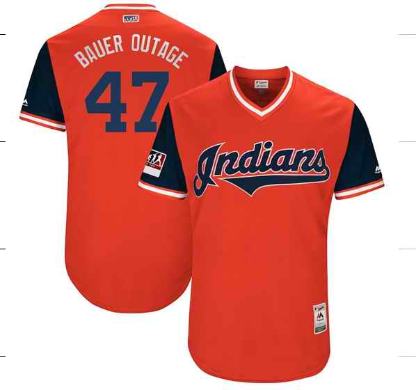 Men's Cleveland Indians #47 Trevor Bauer Bauer Outage Majestic Red/Navy 2018 Players' Weekend Authentic Stitched MLB Jersey