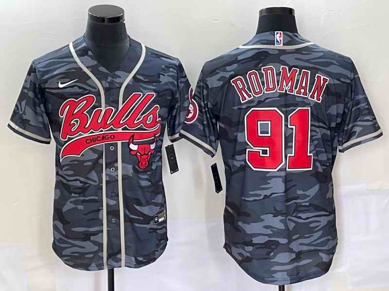Men's Chicago Bulls #91 Dennis Rodman Gray Camo Cool Base Stitched Baseball Jersey