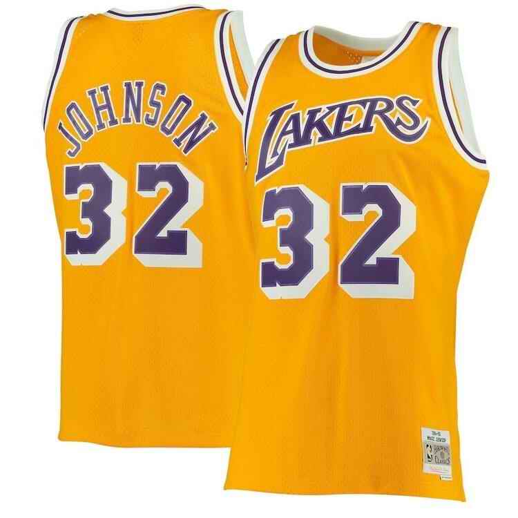Men's Los Angeles Lakers #32 Magic Johnson Mitchell & Ness Gold 1984-85 Hardwood Classics Swingman basketball Jersey