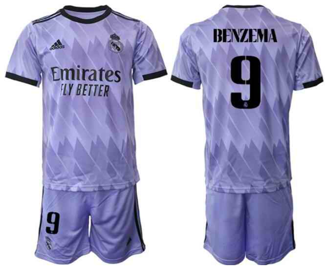 Youth Real Madrid #9 Karim Benzema 22/23 Purple Away Soccer Jersey Suit