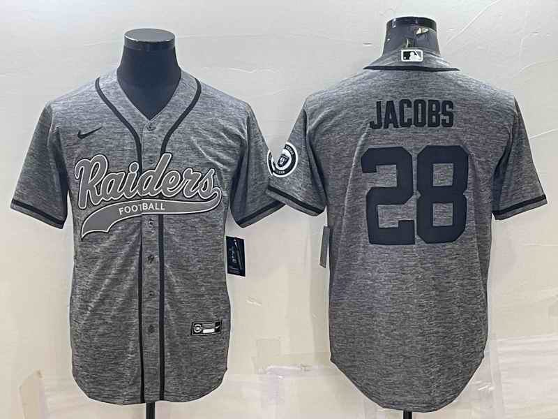 Men's Las Vegas Raiders #28 Josh Jacobs Grey With Patch Cool Base Stitched Baseball Jersey