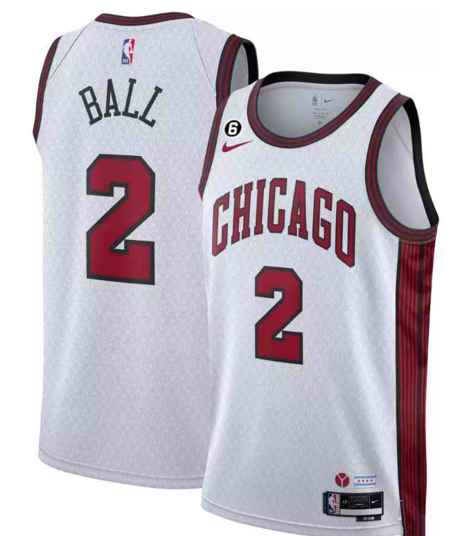 Men's Chicago Bulls #2 Lonzo Ball White 2022/23 City Edition With NO.6 Patch Stitched Basketball Jersey