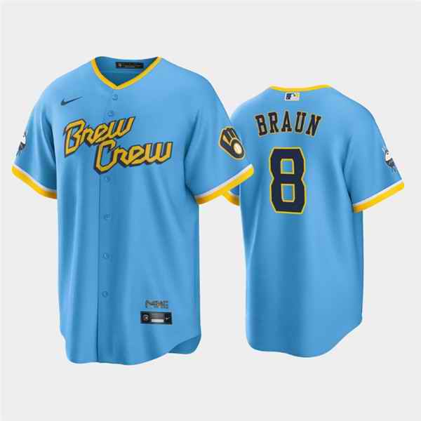 Men's Milwaukee Brewers #8 Ryan Braun 2022 Powder Blue City Connect Cool Base Stitched Jersey