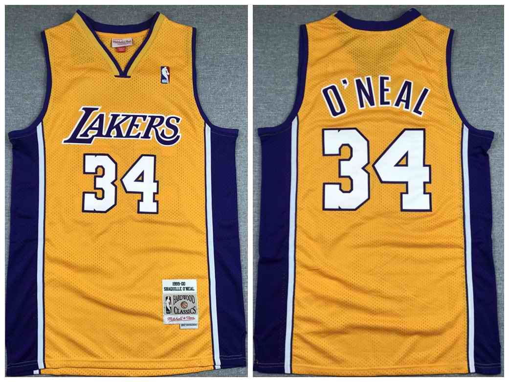 Men's Los Angeles Lakers #34 Shaquille O'Neal Gold 1999-00 Throwback Stitched Jersey