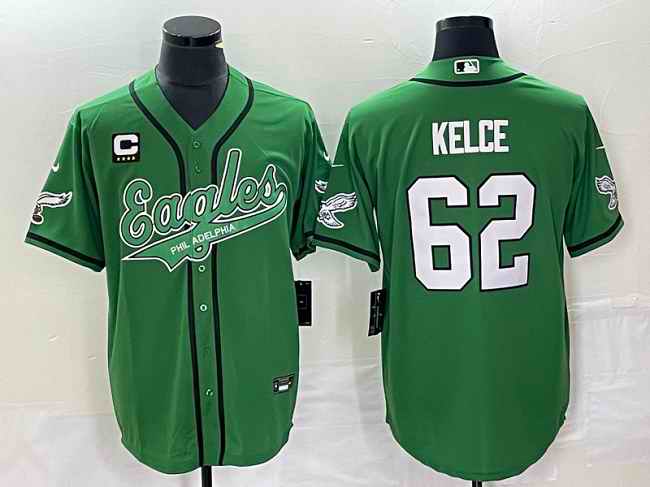 Men's Philadelphia Eagles #62 Jason Kelce Green With 4-star C Patch Cool Base Stitched Baseball Jersey
