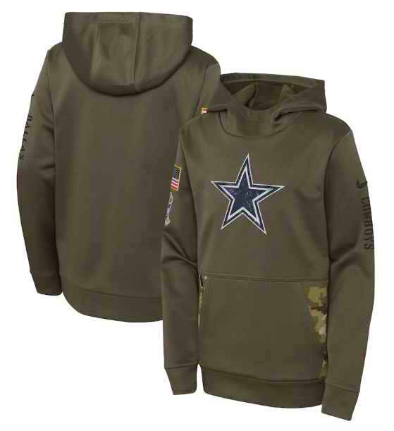 Youth Dallas Cowboys 2022 Olive Salute to Service Therma Performance Pullover Hoodie
