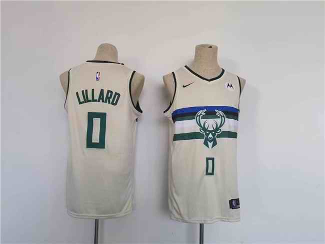 Men's Milwaukee Bucks #0 Damian Lillard Cream Stitched Basketball Jersey