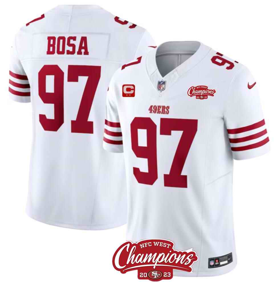 Men's San Francisco 49ers #97 Nick Bosa White 2023 F.U.S.E. With 2-star C Patch And NFC West Champions Patch Stitched Football Jersey