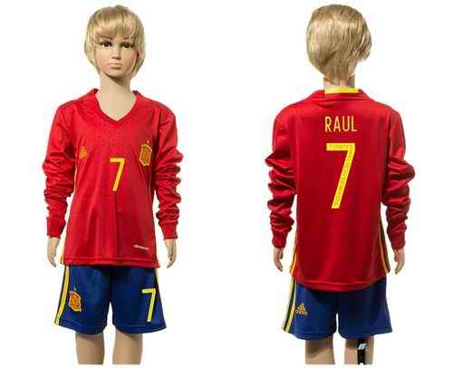 Spain #7 Raul Red Home Long Sleeves Kid Soccer Country Jersey