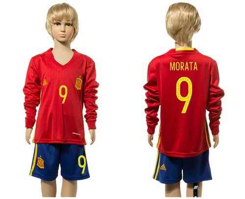 Spain #9 Morata Red Home Long Sleeves Kid Soccer Country Jersey