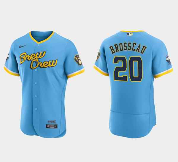 Men's Milwaukee Brewers #20 Mike Brosseau Powder Blue 2022 City Connect Flex Base Stitched Baseball Jersey