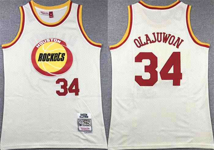 Men's Houston Rockets #34 Hakeem Olajuwon White Mitchell & Ness Hardwood Classics Swingman Stitched Basketball Jersey