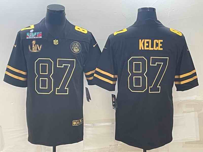 Men's Kansas City Chiefs #87 Travis Kelce Black Golden Super Bowl LV And Super Bowl LVII Patch Vapor Limited Stitched Jersey