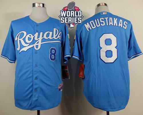 Royals #8 Mike Moustakas Light Blue Alternate 1 Cool Base W/2015 World Series Patch Stitched MLB Jersey