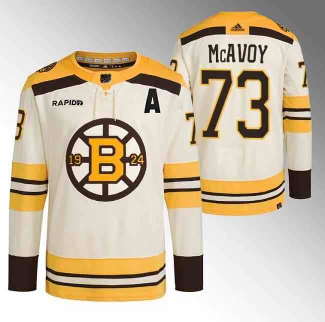 Men's Boston Bruins #73 Charlie McAvoy Cream With Rapid7 Patch 100th Anniversary Stitched Jersey