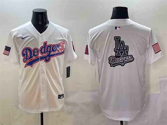 Men's Los Angeles Dodgers Team Big Logo White With American Flag Patch Limited Stitched Baseball Jersey