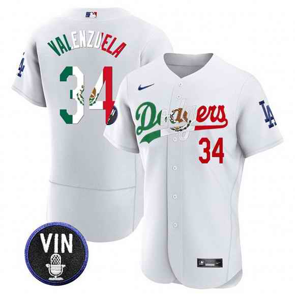 Men's Los Angeles Dodgers #34 Fernando Valenzuela White Mexico Special Vin Scully Patch Flex Base Stitched Baseball Jersey