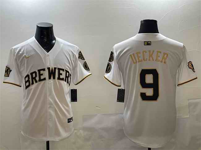 Men's Milwaukee Brewers #9 Bob Uecker White/Gold With Home Patch Limited Stitched Baseball Jersey