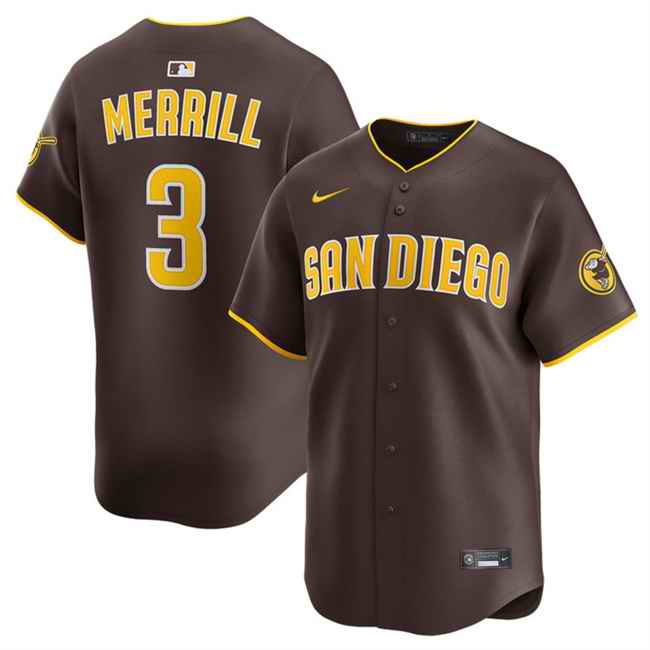 Men's San Diego Padres #3 Jackson Merrill Brown 2024 Away Limited Stitched Baseball Jersey