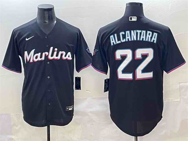 Men's Miami Marlins #22 Sandy Alcantara Black Cool Base Stitched Jersey