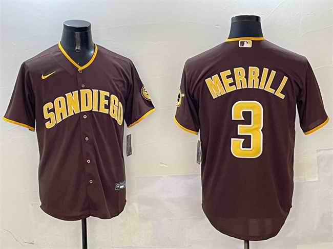 Men's San Diego Padres #3 Jackson Merrill Brown Cool Base Stitched Baseball Jersey