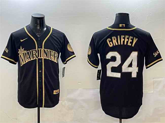 Men's Seattle Mariners #24 Ken Griffey Jr. Black/Gold Cool Base Stitched Baseball Jersey