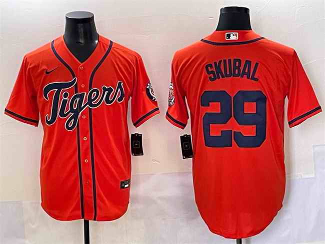 Men's Detroit Tigers #29 Tarik Skubal Orange With Patch Cool Base Stitched Baseball Jersey