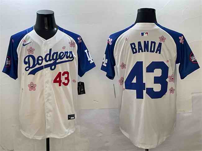 Men's Los Angeles Dodgers #43 Anthony Banda White/Royal 2025 Tokyo Series Limited Stitched Baseball Jersey
