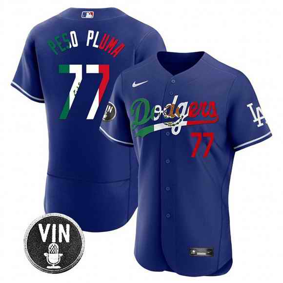 Men's Los Angeles Dodgers #77 Pezo Pluma Royal Mexico Special Vin Scully Patch Flex Base Stitched Baseball Jersey