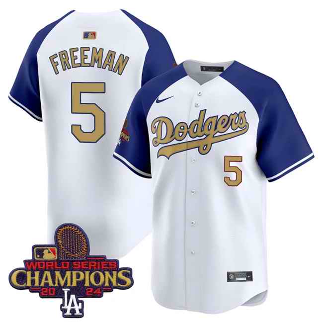 Men's Los Angeles Dodgers #5 Freddie Freeman White/Royal/Gold 2024 World Series Champions Vapor Limited Stitched Baseball Jersey