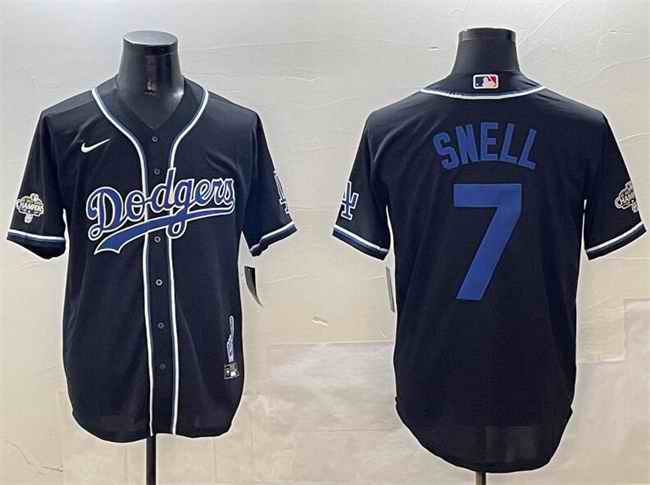 Men's Los Angeles Dodgers #7 Blake Snell Black 2024 World Series Champions Cool Base Stitched Baseball Jersey