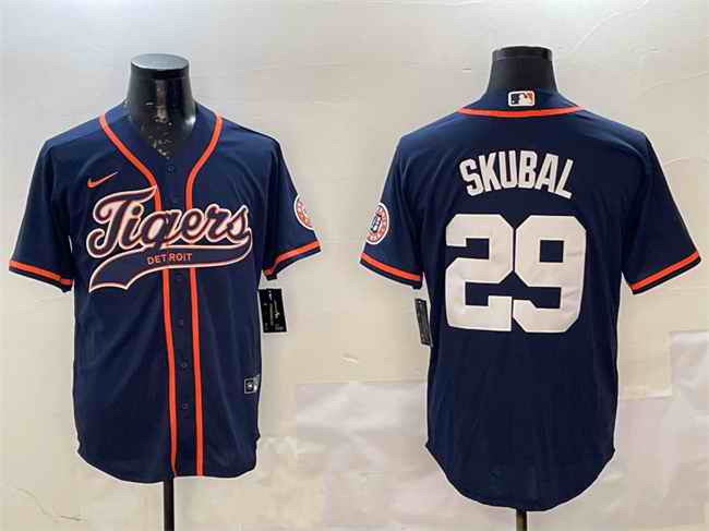Men's Detroit Tigers #29 Tarik Skubal Navy With Patch Cool Base Stitched Baseball Jersey